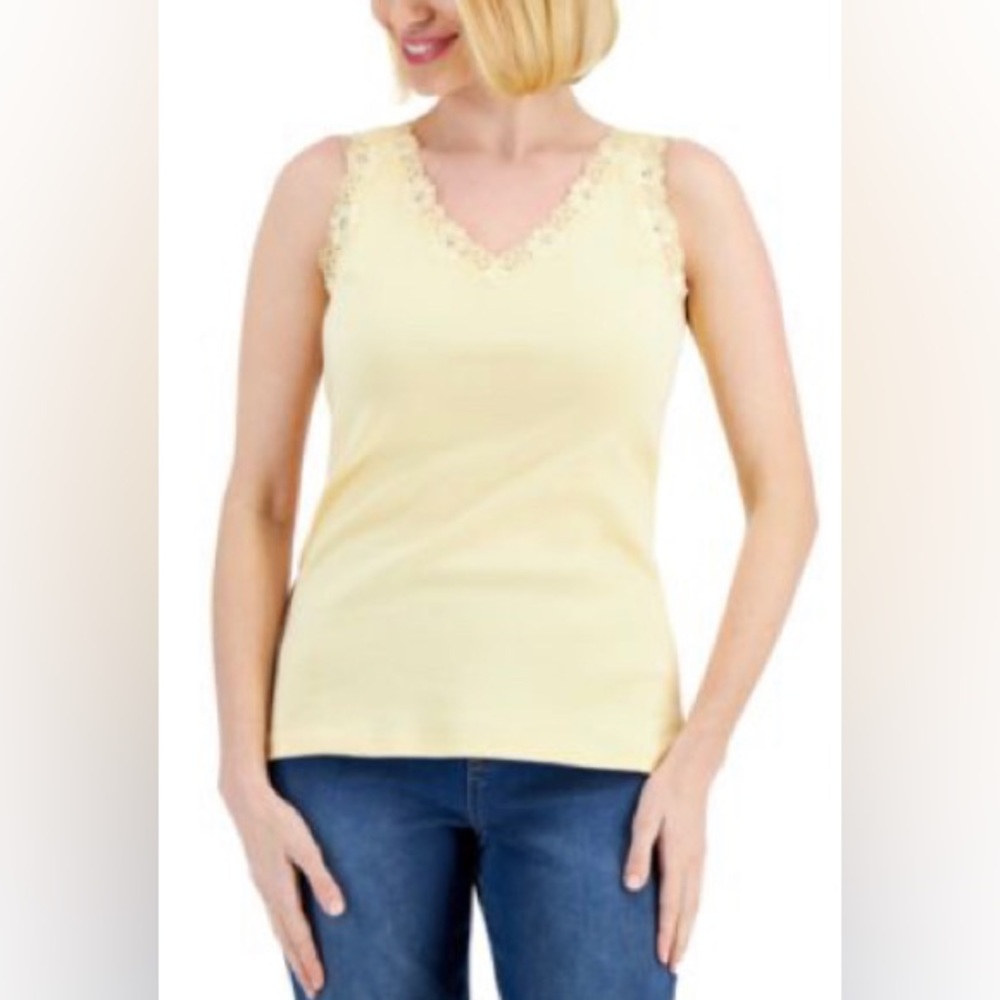 Karen Scott small Petite Cotton Lace-Trim Tank Top